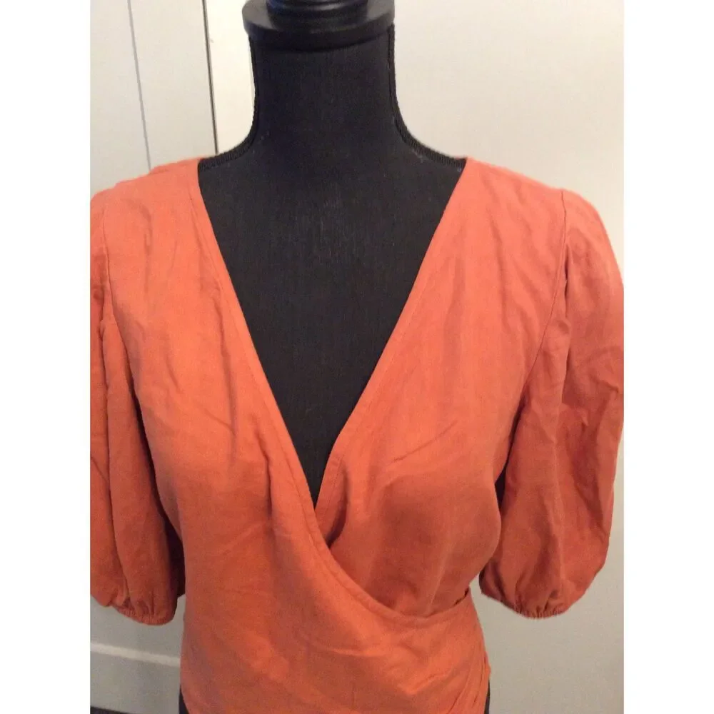 Abercrombie & Fitch AF Burnt Orange Puff sleeve Tie Back Medium M Linen blend